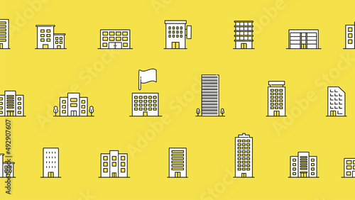 企業の集団とフラグが立つ企業のイラスト、ベクター
