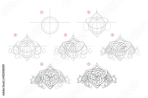 Page shows how to learn to draw sketch of Celtic knot sign. Creation step by step pencil drawing. Educational page for artists. Textbook for developing artistic skills. Online education. Vector image. photo