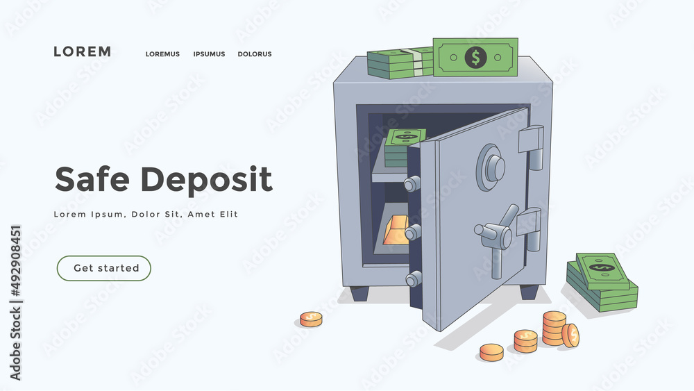 Safe deposit illustration with coins and banknotes. Cash protection concept. Finance web site, page, presentation Safe deposit illustration with coins and banknotes. Cash protection concept. Finance web site, page, presentation