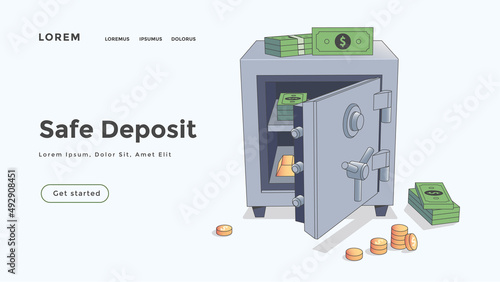 Safe deposit illustration with coins and banknotes. Cash protection concept. Finance web site, page, presentation
