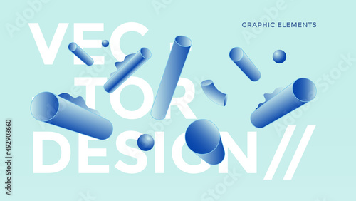 Abstract design poster with 3d pipe geometric shapes. Minimal bright backgrounds for flyers, cover, brochures. Blue cylinders vector illustration