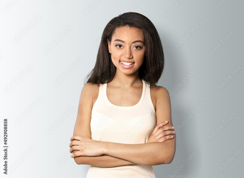 I love myself. Portrait of pleased satisfied girl hugging herself and smiling, I love myself. Portrait of pleased satisfied girl hugging herself and smiling,