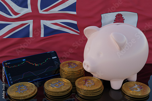 Bitcoin and cryptocurrency investing. Bermuda flag in background. Piggy bank, the of saving concept. Mobile application for trading on stock. 3d render illustration. © TexBr