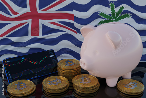 Bitcoin and cryptocurrency investing. British Indian Ocean flag in background. Piggy bank, the of saving concept. Mobile application for trading on stock. 3d render illustration. photo