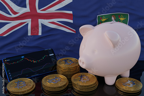 Bitcoin and cryptocurrency investing. British Virgin Islands flag in background. Piggy bank, the of saving concept. Mobile application for trading on stock. 3d render illustration. © TexBr