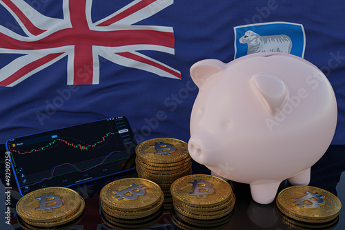 Bitcoin and cryptocurrency investing. Falkland Islands flag in background. Piggy bank, the of saving concept. Mobile application for trading on stock. 3d render illustration. © TexBr