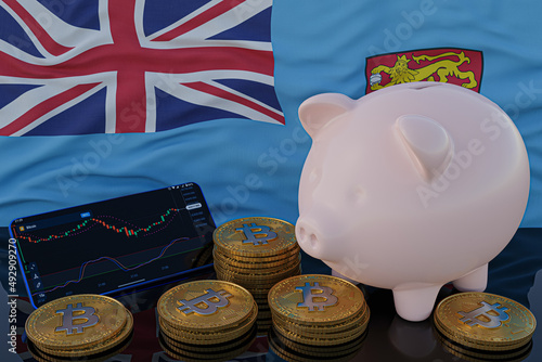 Bitcoin and cryptocurrency investing. Fiji flag in background. Piggy bank, the of saving concept. Mobile application for trading on stock. 3d render illustration. © TexBr