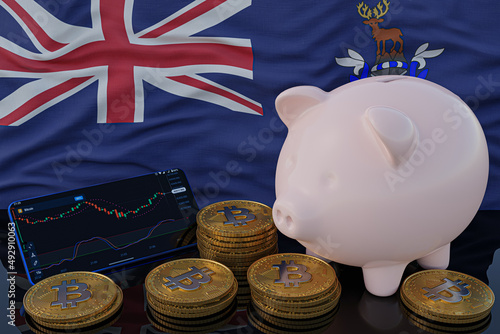 Bitcoin and cryptocurrency investing. South Georgia and the South Sandwich Islands flag in background. Piggy bank, the of saving concept. Mobile application for trading stock. 3d render illustration. © TexBr