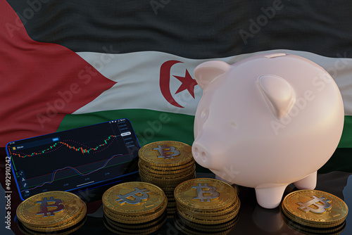 Bitcoin and cryptocurrency investing. Western Sahara flag in background. Piggy bank, the of saving concept. Mobile application for trading on stock. 3d render illustration. photo