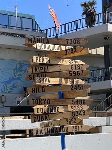 Wooden direction and distance sign to different cities