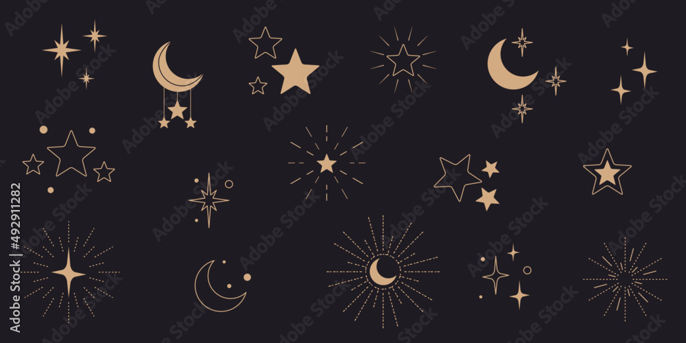 Gwiazdy i półksiężyce - błyszczące ikony. Gwieździsta noc, spadająca gwiazda, fajerwerki, migająca gwiazdka, świecące, złote wektorowe ilustracje. - obrazy, fototapety, plakaty 