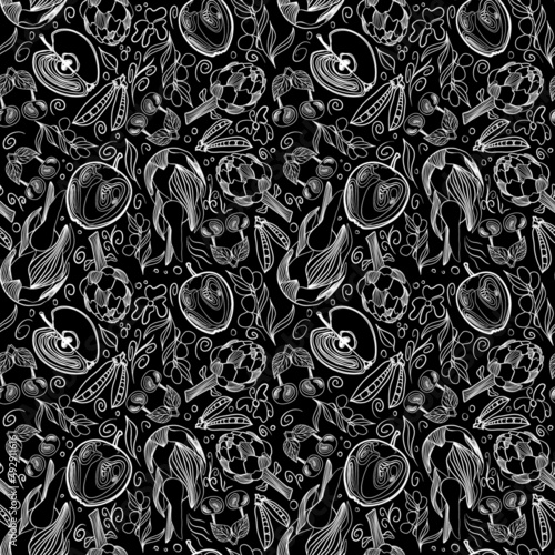 Seamless botanical pattern with white vegetables and fruits on a black background vector illustration 