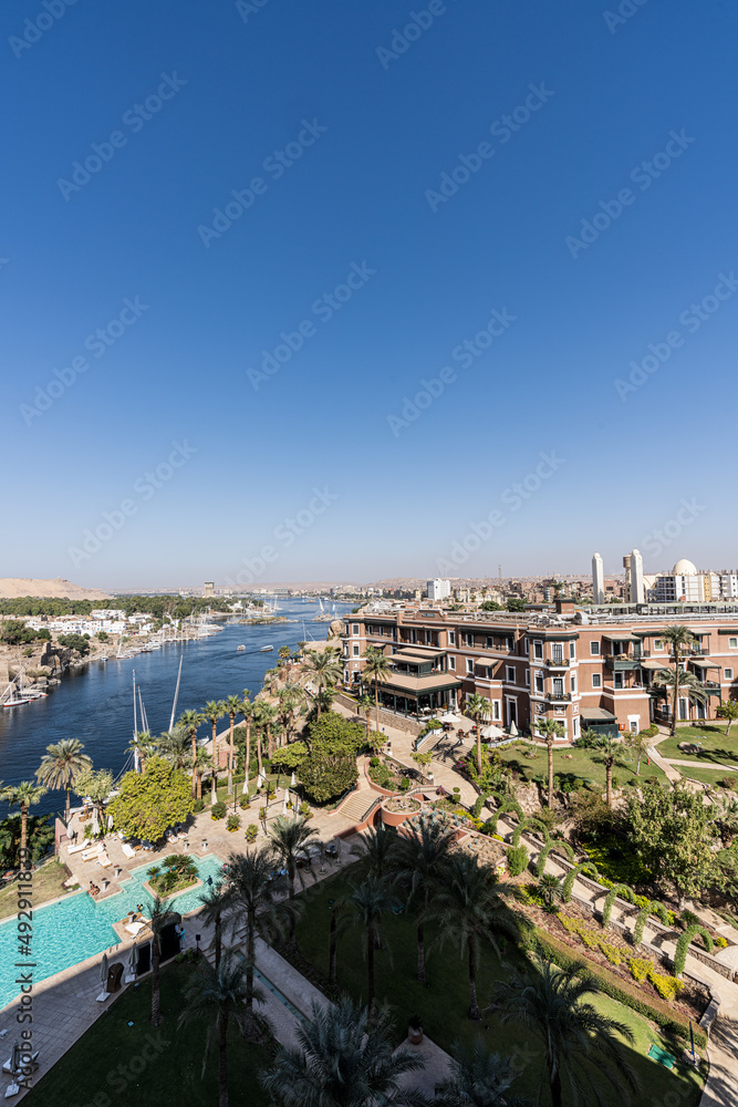 Aswan landmarks. The Old Catarct Hotel looking over the Nile.