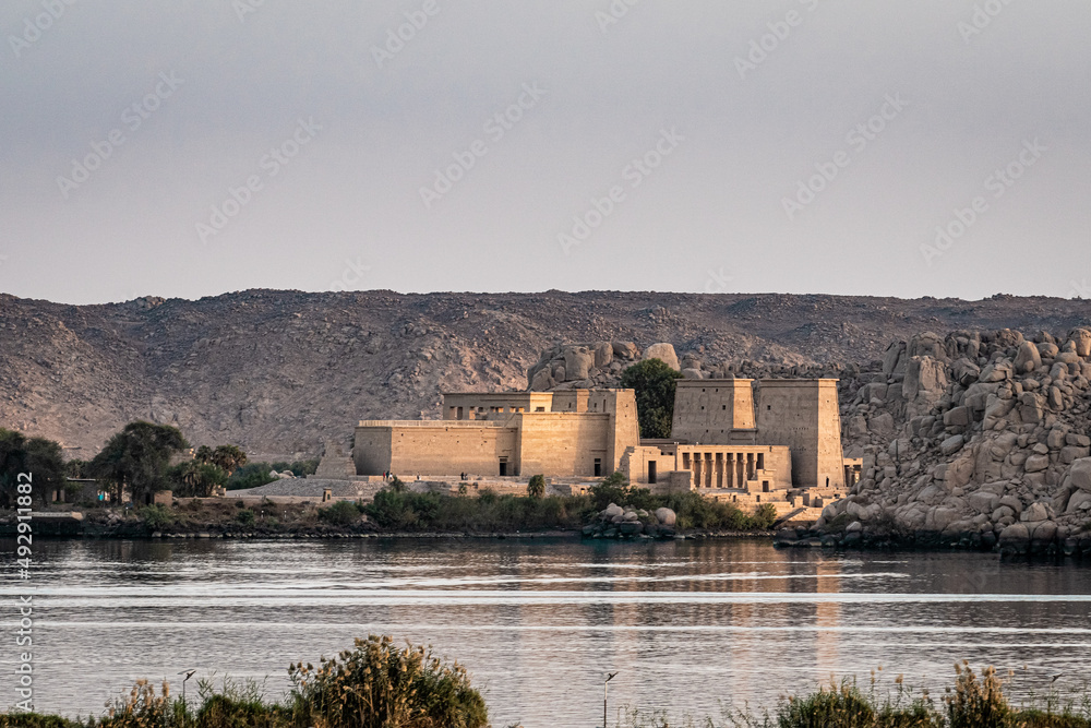 Aswan landmarks. Philae temple over lake Nasser.