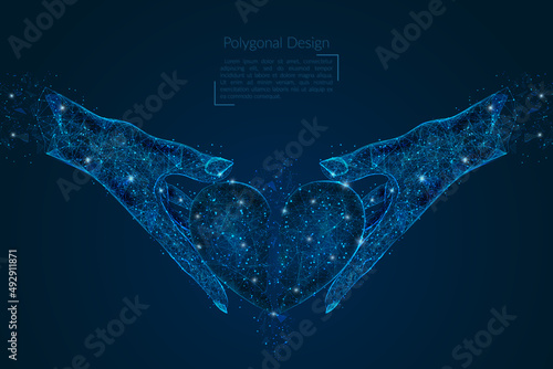 Abstract isolated image of human hand holding broken heart. Polygonal low poly style illustration looks like stars in the blask night sky in spase or flying glass shards.