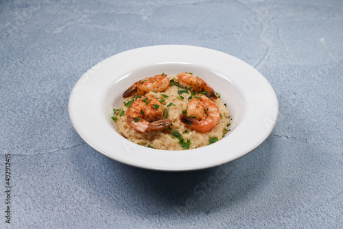 A delicious plate of shrimp risotto. 