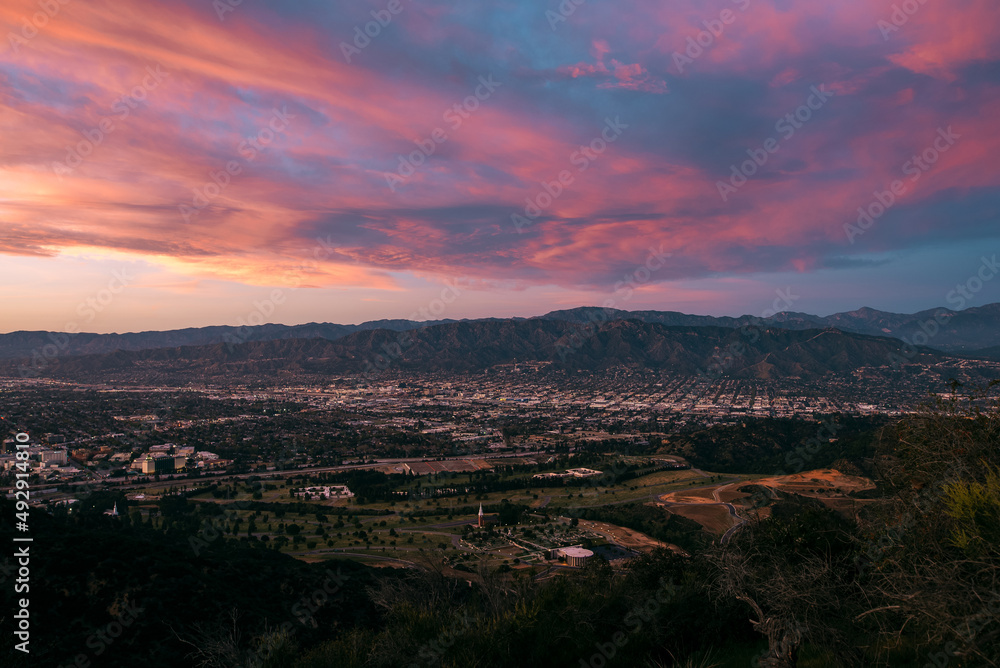 Colorful sunset over Los Angeles, North Hollywood, Burbank from Griffith Park, Los Angeles, California