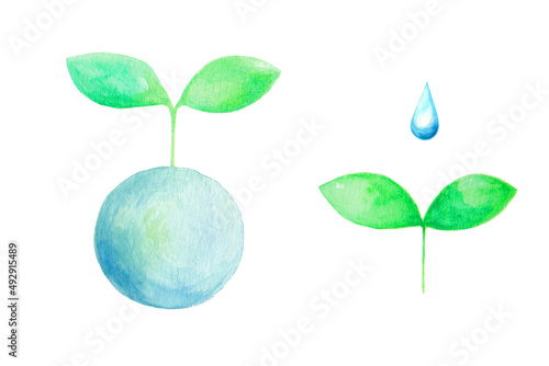 エコロジーイメージの水彩イラスト アイコン 葉、若葉、雫、苗
