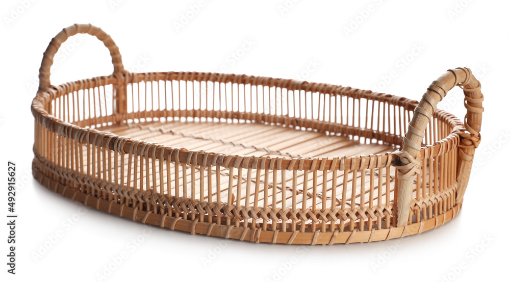 One empty wicker tray isolated on white One empty wicker tray isolated on white