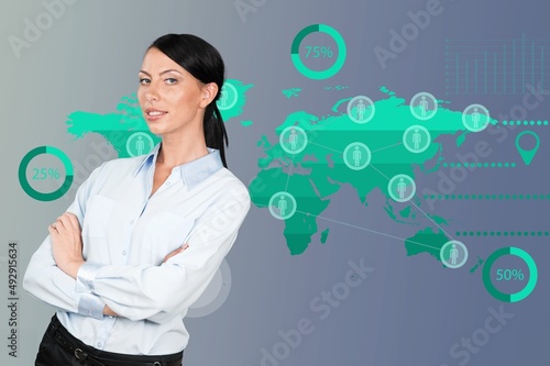 Business woman standing with infographic template. Business Information Concept.