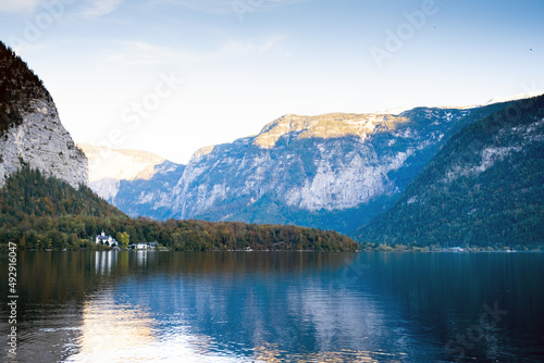 Blue lake in the mountains. Mountain European lake. Austria, Alps. Hallstatt.