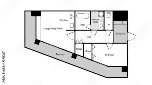 Apartment sample layout. 1 Bedroom, 1 Bathroom, Corner room.