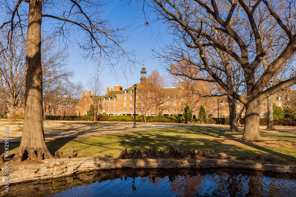 Sunny exteior view of the campus of Oklahoma State University