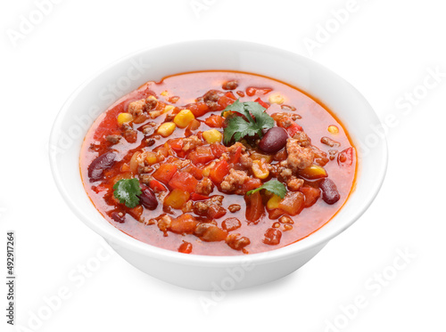 Bowl with tasty chili con carne on white background