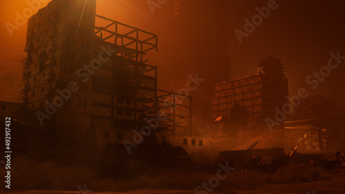 Post-Apocalyptic Urban Wasteland. Atmospheric Disaster concept. photo
