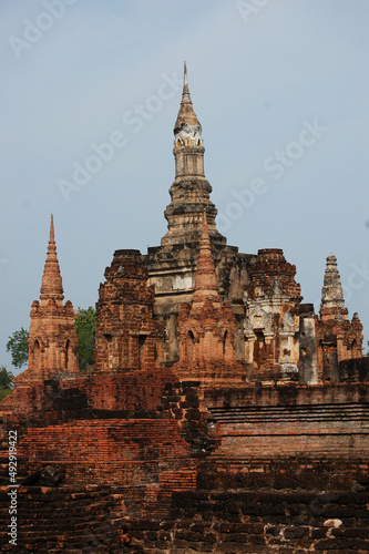 Ancient antiquity architecture and antique ruins building for thai people travelers travel visit respect praying at Si Satchanalai Historical Park and Unesco World Heritage Site in Sukhothai  Thailand