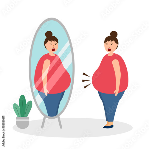 Fat woman looking herself in the mirror in flat design on white background. Big belly female.