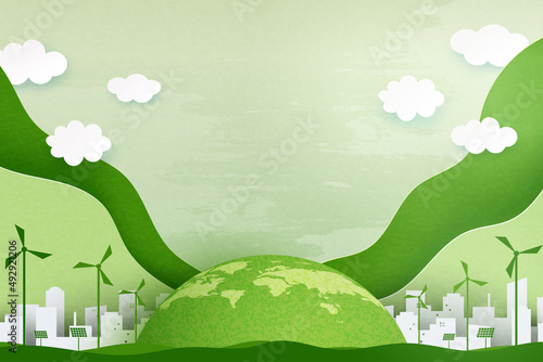 Paper art of Sustainability in green eco city, alternative energy and ecology conservation concept.Vector illustration.