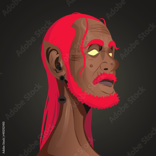 portrait of a dark elf old man with red hair and red beard