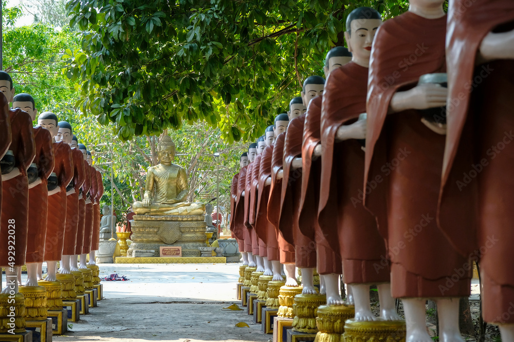 Fototapeta premium Siem Reap, Cambodia - February 2022: Statue of Buddha in the Wat Bo Temple on February 9, 2022 in Siem Reap, Cambodia.