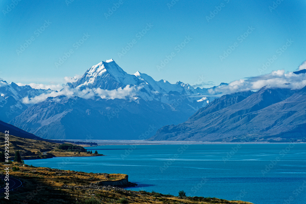 View across Lake Pukaki to Mt Cook, Aoraki/Mount Cook National Park, south island, Aotearoa / New Zealand.