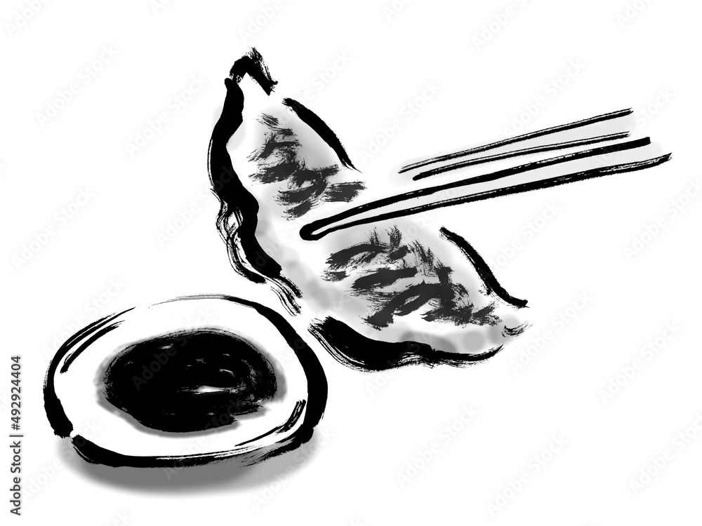 Φωτογραφία 餃子を箸で掴んでいる手描き和風イラスト　モノクロ