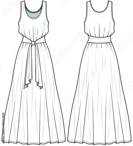 Sleeveless Flared Maxi Dress With Knot Tie, Bohemian Dress Front and Back View. Fashion Illustration, Vector, CAD, Technical Drawing, Flat Drawing.