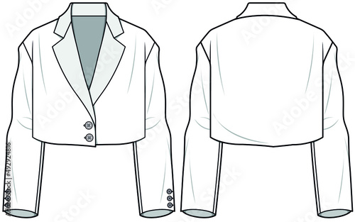 Women Crop Blazer, Fashion blazer Front and Back View fashion illustration vector, CAD, technical drawing, flat drawing.