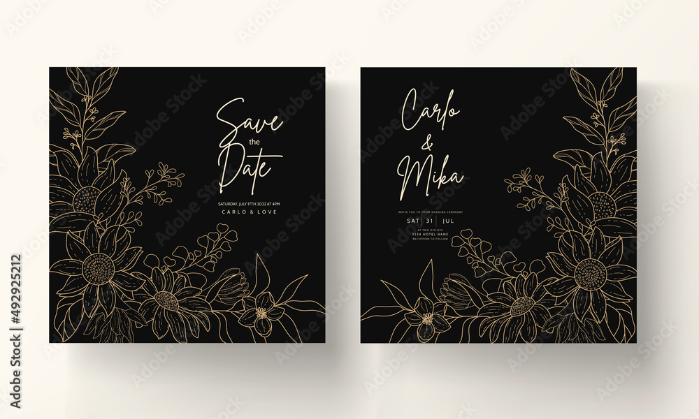 elegant and luxury simple monoline floral invitation card set template
