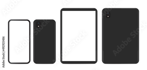 Modern Realistic Black Mobile Phone and Tablet With Front and Back Side View.