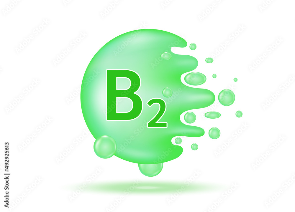 Vitamin B2 drop water. Vitamin complex from nature. Beauty treatment nutrition skin care design. Medical and scientific concept. Green pill capsule isolated on white background. 3D Realistic Vector. Vitamin B2 drop water. Vitamin complex from nature. Beauty treatment nutrition skin care design. Medical and scientific concept. Green pill capsule isolated on white background. 3D Realistic Vector.