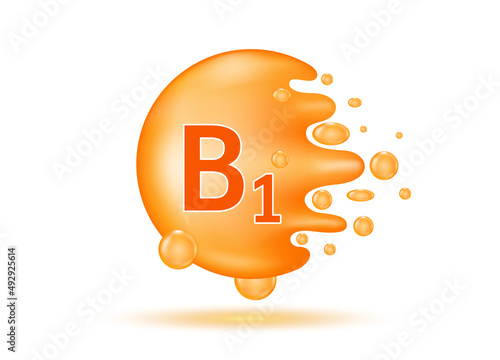 Vitamin B1 drop water. Vitamin complex from nature. Beauty treatment nutrition skin care design. Medical and scientific concept. Orange pill capsule isolated on white background. 3D Realistic Vector.