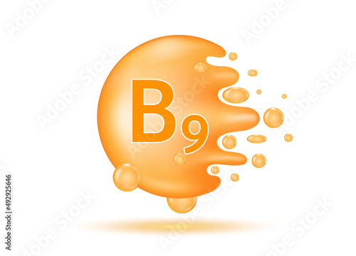 Vitamin B9 drop water. Vitamin complex from nature. Beauty treatment nutrition skin care design. Medical and scientific concept. Orange pill capsule isolated on white background. 3D Realistic Vector.