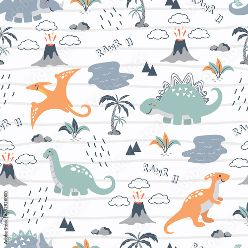 Seamless pattern cute dinos collection and mountain explosion  design for scrapbooking  decoration  cards  paper goods  background  wallpaper  wrapping  fabric and all your creative projects