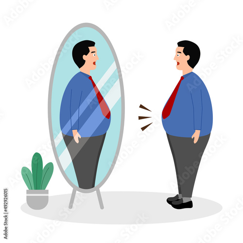 Fat man looking himself in the mirror in flat design on white background. Big belly guy.