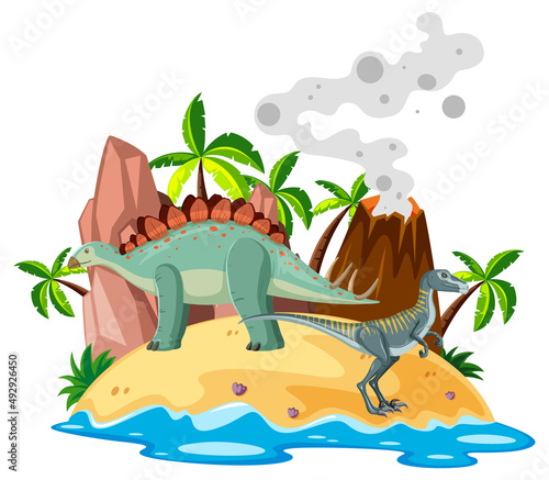 Scene with dinosaurs stegosaurus and raptor on island © blueringmedia