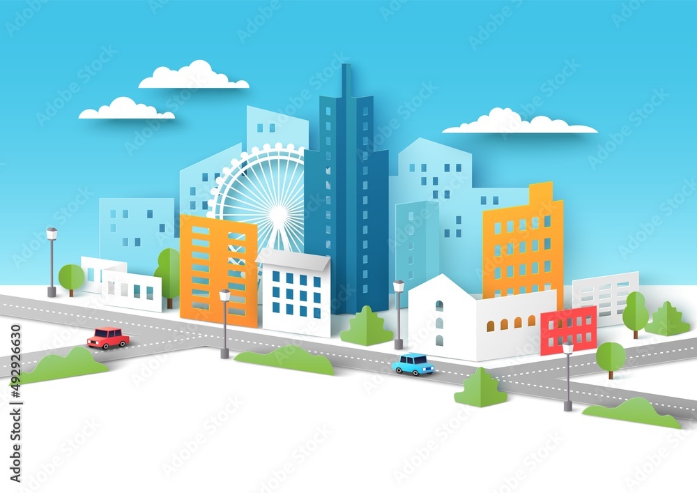 City landscape with buildings, houses, roads, streets, cars, vector paper cut illustration. Urban design, architecture.