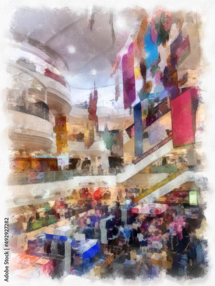 Inside of Shopping Mall watercolor style illustration impressionist painting.