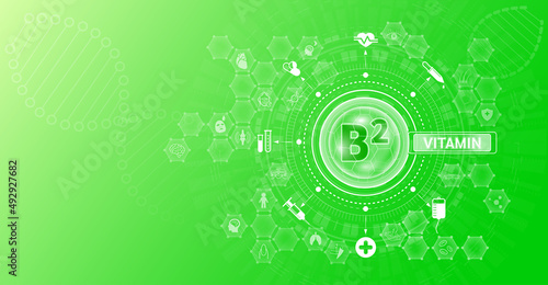 Vitamin B2 and Mineral supplements complex pharmaceutical capsule. Vitamins food sources and functions. Health care and science icon pattern medical innovation. On a green background. Vector EPS 10.