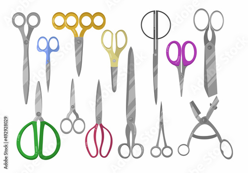 Metal scissors cartoon illustration collection. Steel equipment for trimming or hairdressers, open and closed shears, paper cutting tools, hair cutters on white background. Craft concept